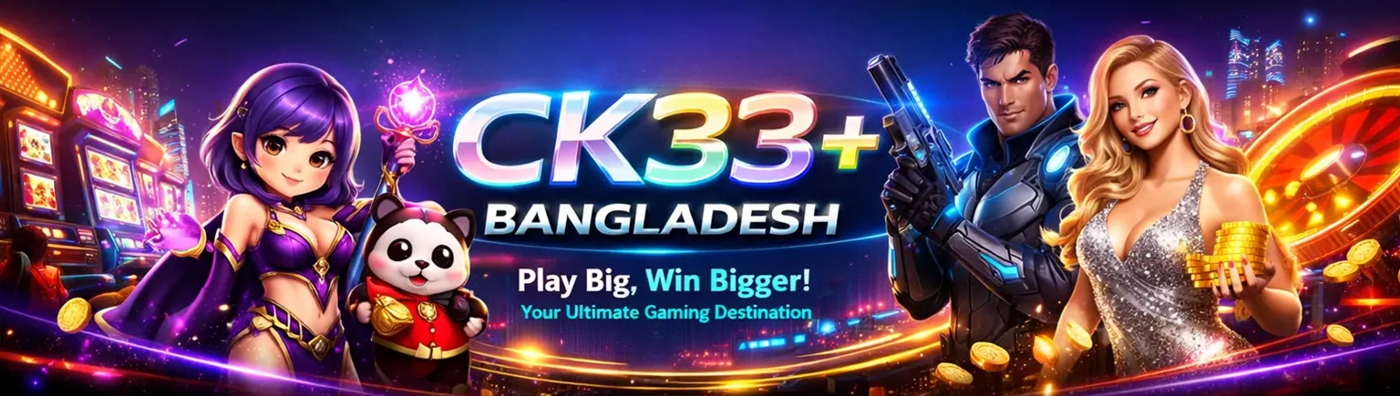 Neon-inspired scene with animated characters, glowing chips, and a spinning wheel element alongside a central platform name