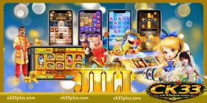Multiple mobile devices displaying colorful slot games from JILI Slots platform with animated characters