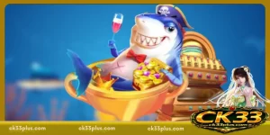 Animated shark character holding treasure and sitting near a colorful gaming machine