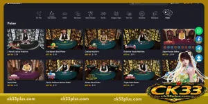 Dark themed interface showing multiple card tables, dealer setups, and game options arranged in a structured grid